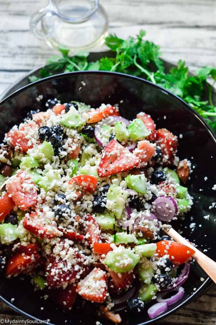 Keto cauliflower tabbouleh ingredients, easy to follow process and a video recipe