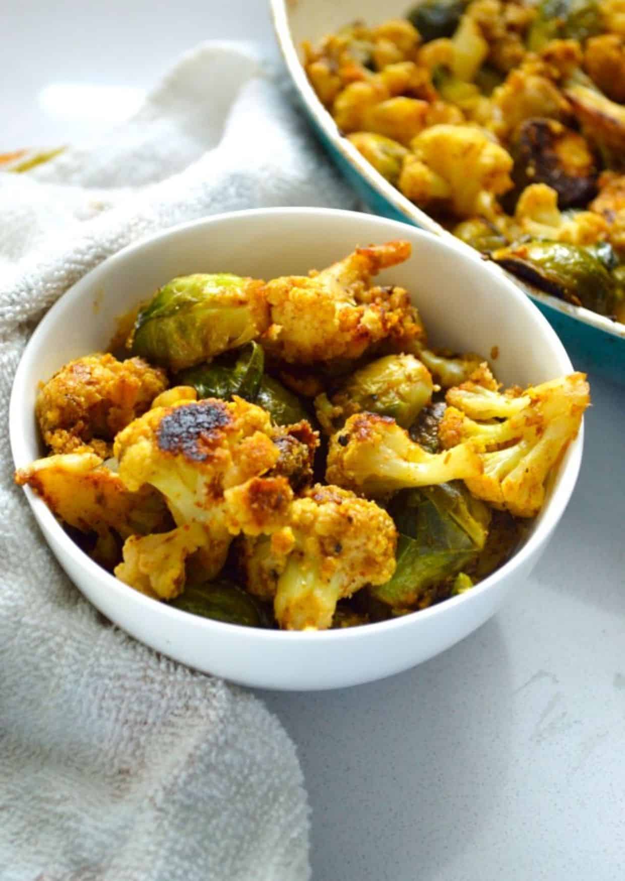 Brussels Sprouts Gobi Sabzi in a white bowl.