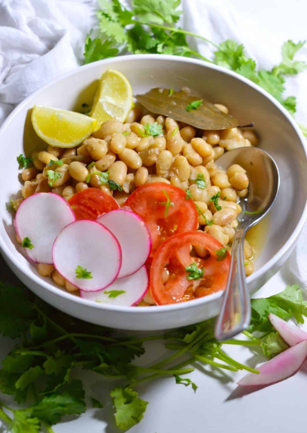 Instant Pot Mayocoba Beans in a white bowl with a spoon.