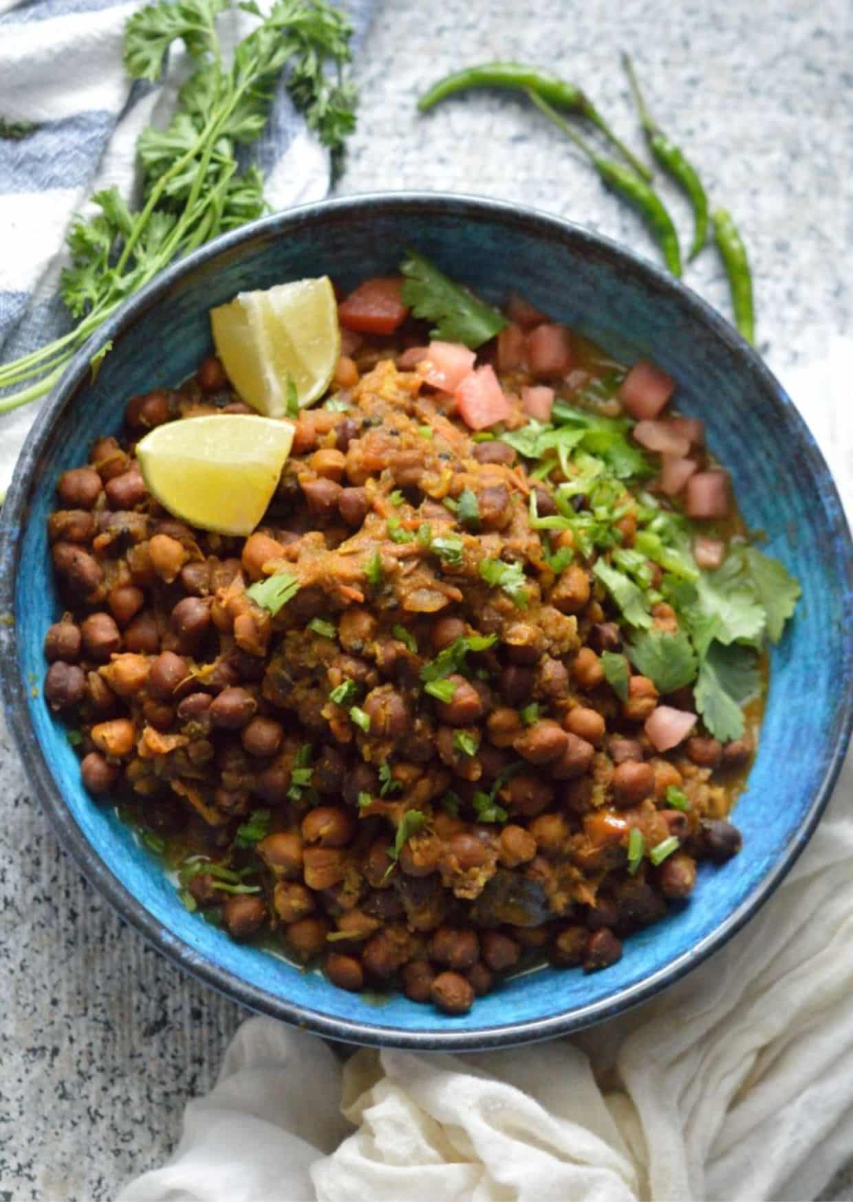 Sukha Chana dish in a blue bowl.